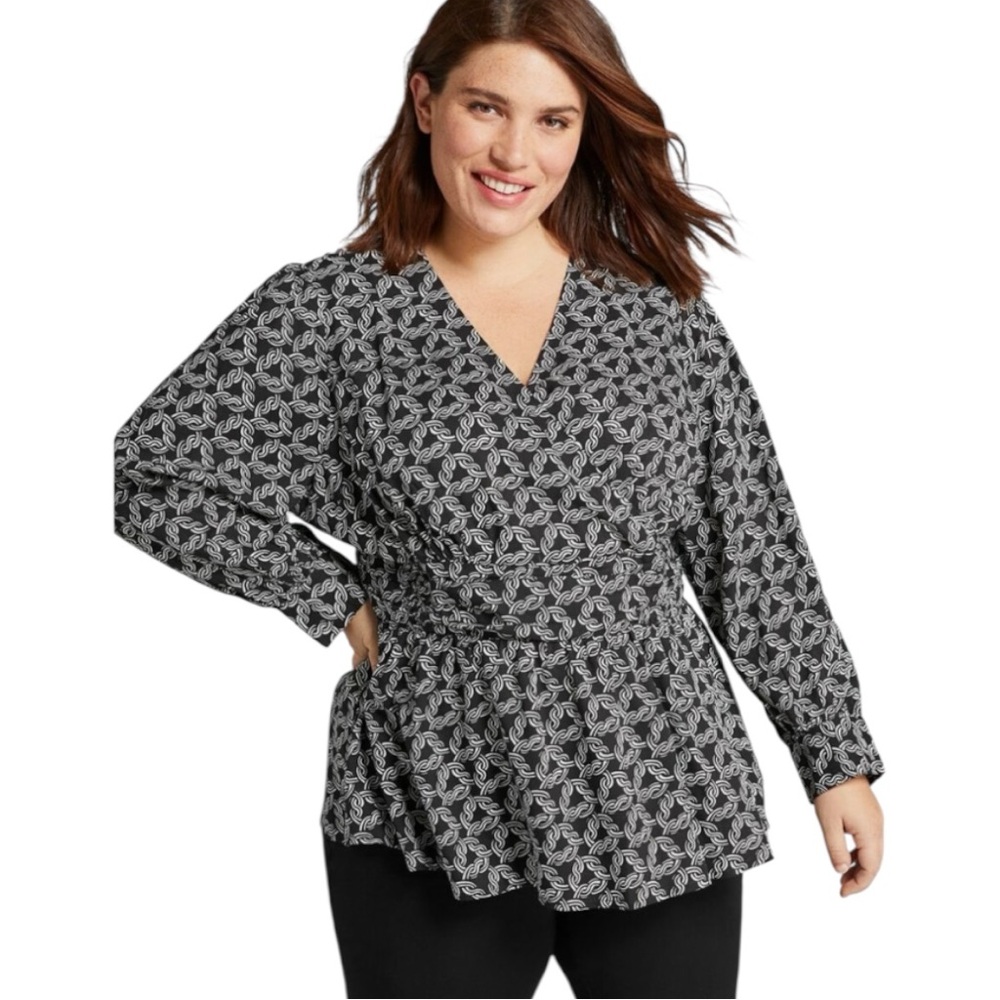 Lane Bryant Black White Chain Link Print Faux Wrap Long Sleeve Blouse Top